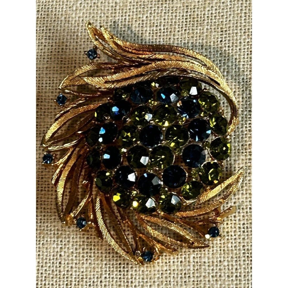 Vintage Lisner Spiral Flower Green Blue Rhinestone Brooch Pin 1960’s